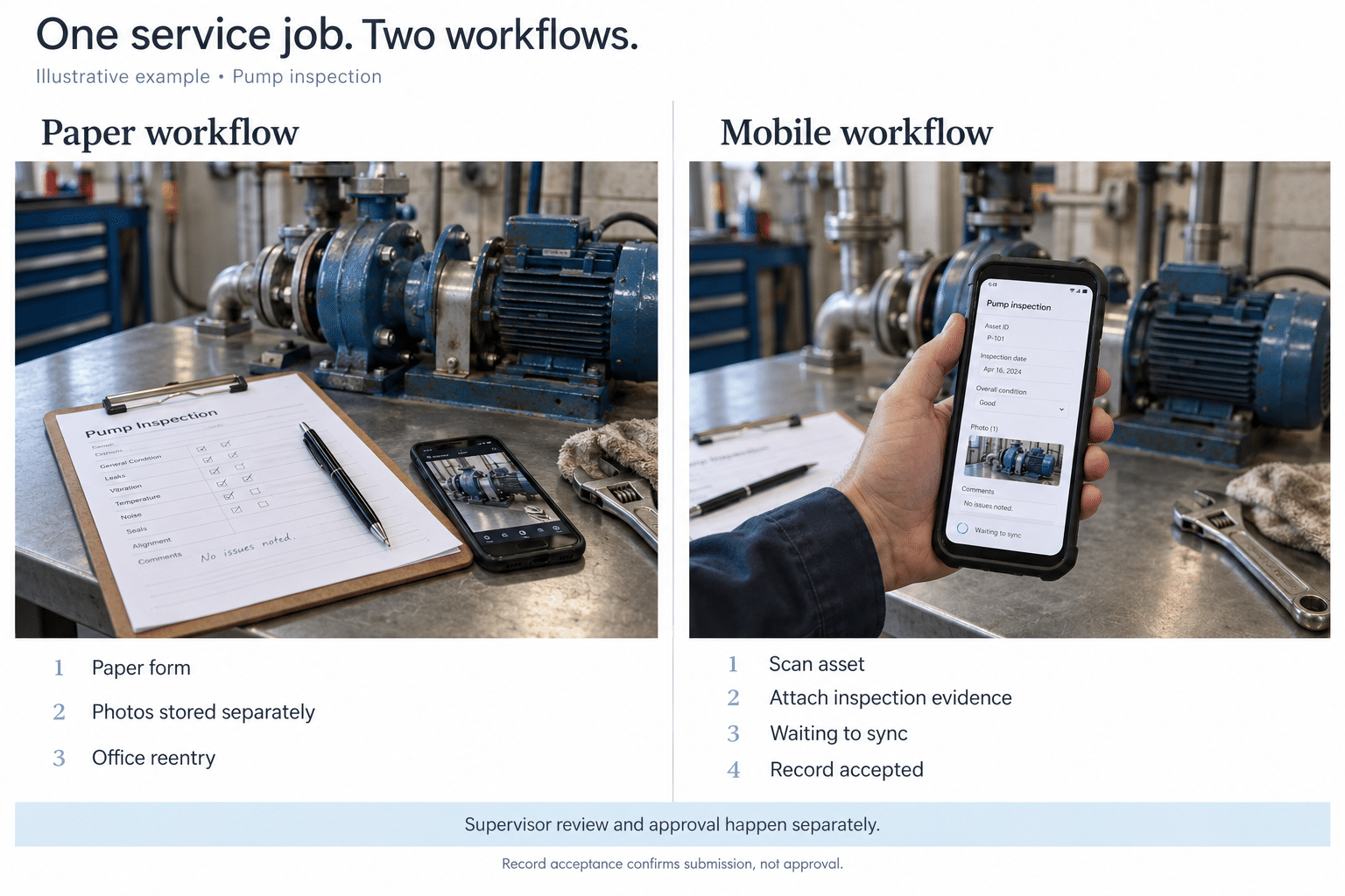 Illustrative comparison of paper and mobile workflows for the same service job, with offline sync, record acceptance, and separate supervisor approval.
