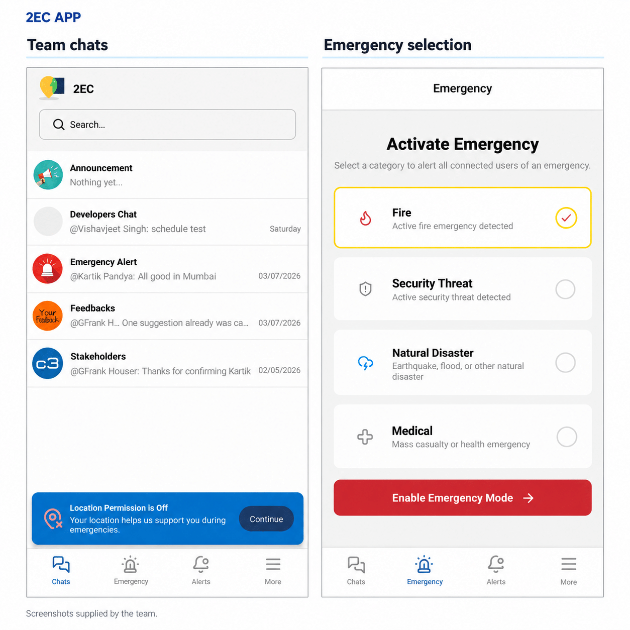 2EC chats and emergency selection screens. 