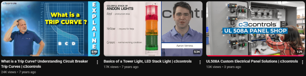 A collage of three YouTube video thumbnails featuring technical topics: circuit breaker trip curves, tower light operation, and custom panel solutions.