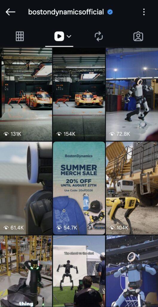 Instagram profile grid showing a mix of robot demonstration videos and product merchandising images.