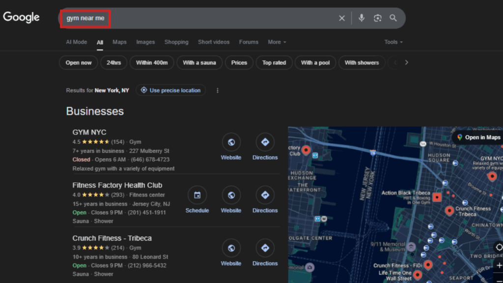 Google search results for short-tail keyword ‘gym near me’ showing generic gym listings and map view in New York.