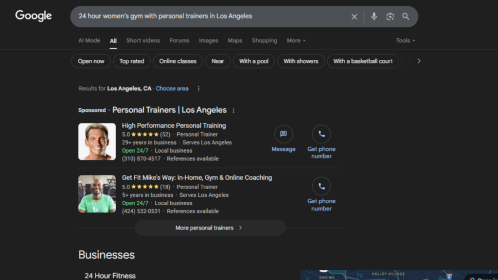 Google search results for long-tail keyword ‘24 hour women’s gym with personal trainers in Los Angeles’ showing relevant listings.