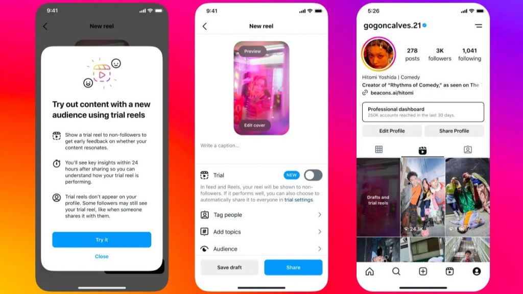 Instagram screens demonstrating "trial reels" feature.