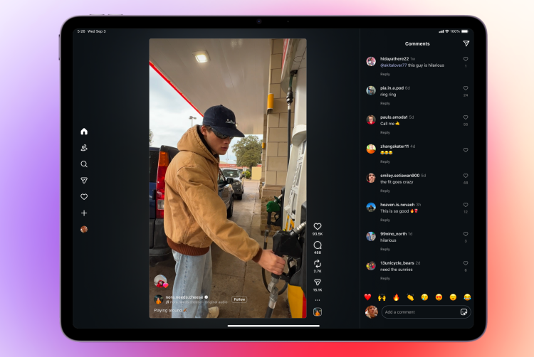 iPad displaying Instagram Reel with comments.