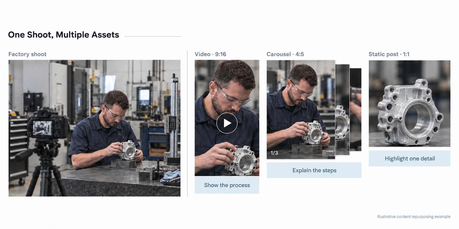 Factory shoot repurposed into three social formats. 