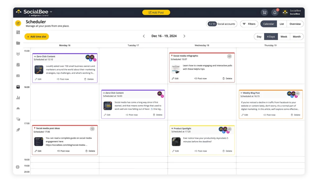 SocialBee’s social media calendar from where you can edit and preview your content schedule.