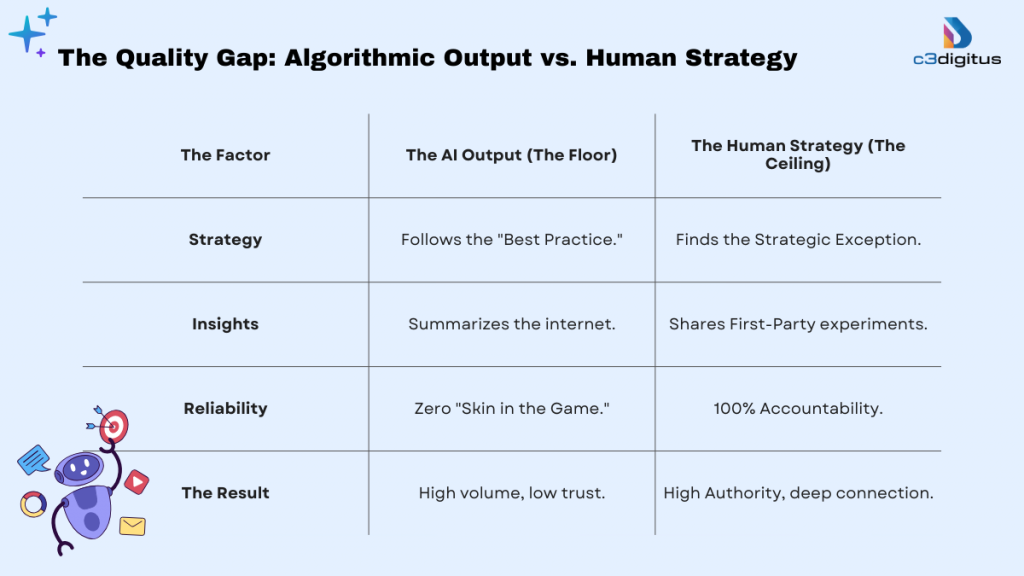 Paradox of Perfection: AI Can Create, But Can It Connect? 1 c3Digitus 2026 Value Matrix comparing Synthetic AI output vs Biological human strategy. Focuses on Strategic Exceptions, First-Party data, Accountability, and Intuition.