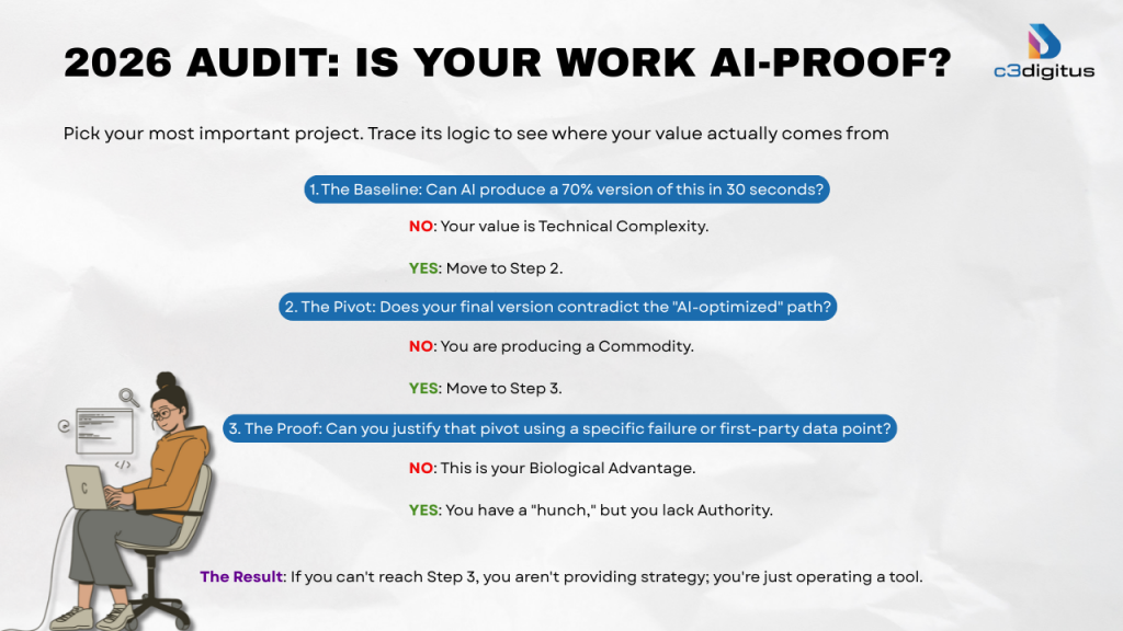 Paradox of Perfection: AI Can Create, But Can It Connect? 2 c3Digitus 2026 Value Trace framework: A 3-step decision path to differentiate human strategic authority from AI-generated commodity output.