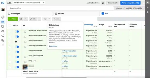 Meta Ads Manager campaign and bid strategy