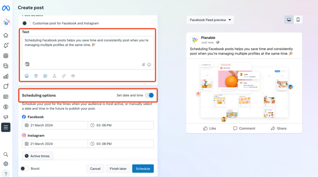 Scheduling a Facebook post from the Scheduling Options with the captions and visuals ready
