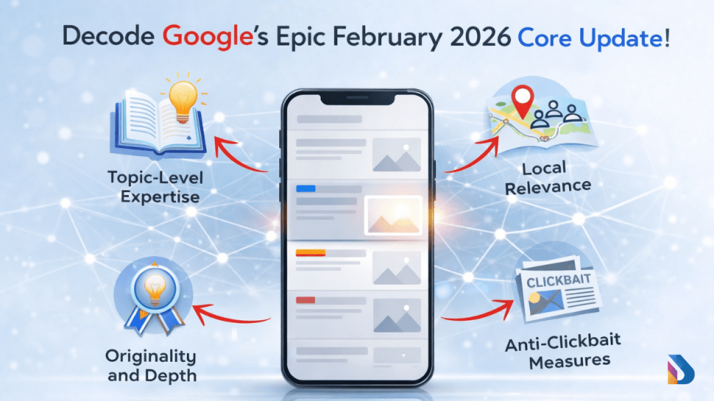 Google’s February 2026 Core Update 4 Google February 2026 core algorithm update visual showing Discover feed ranking factors like content depth, local signals, and headline quality.