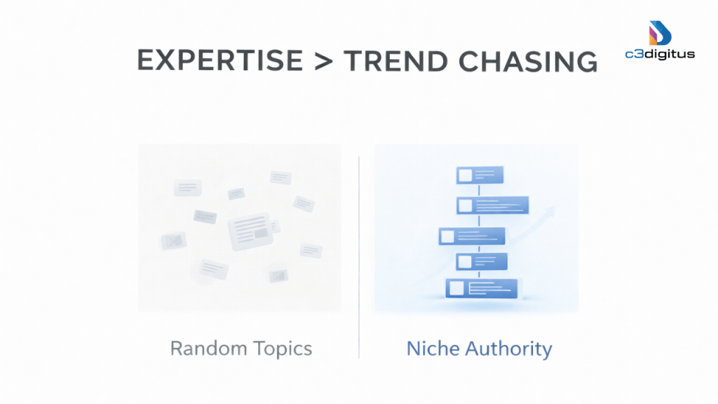 Google’s February 2026 Core Update 7 Clean visual labeled “Expertise Over Trend Chasing” showing organized niche content blocks elevated above scattered random topics, representing Google rewarding subject authority.