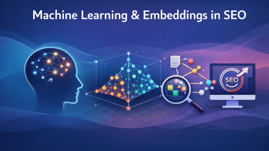 Illustrating machine learning and vector embeddings, featuring a neural network head silhouette, a vector data grid, and a search magnifier icon with the text “Machine Learning & Embeddings in SEO” on a dark blue gradient background