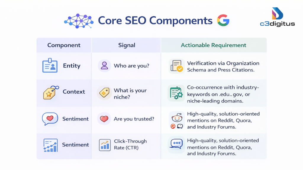 Infographic showing AI SEO signals including entity verification with organization schema, contextual niche relevance through industry keywords, and trust sentiment from Reddit, Quora, and industry forums
