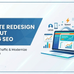 A professional blog banner for c3digitus titled "Website Redesign Without Losing SEO," featuring a modern laptop with icons for UI/UX, site speed, and search optimization on a clean blue and white background.