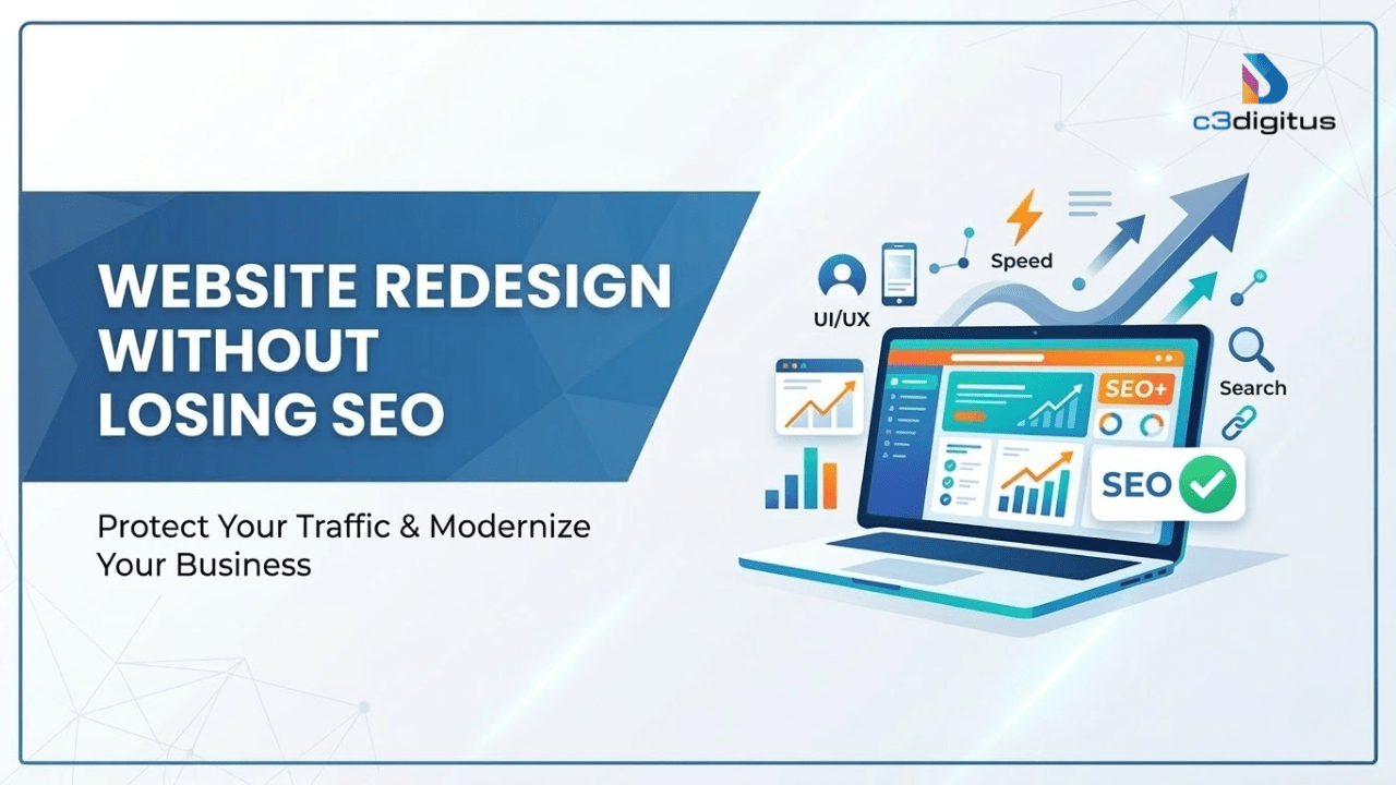 A professional blog banner for c3digitus titled "Website Redesign Without Losing SEO," featuring a modern laptop with icons for UI/UX, site speed, and search optimization on a clean blue and white background.