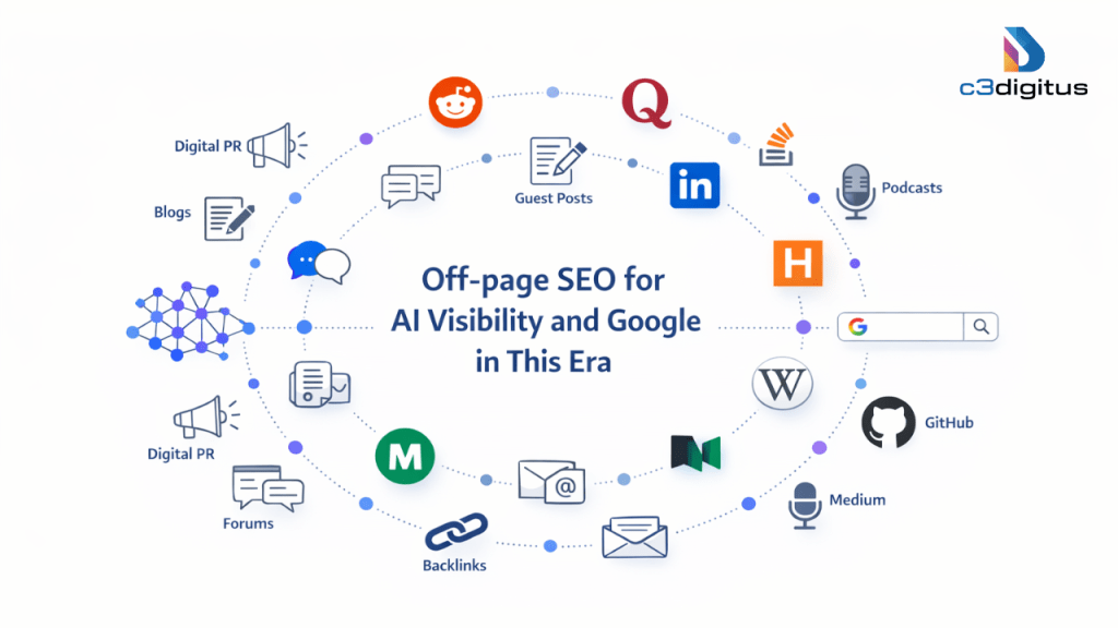 Off page SEO ecosystem showing Reddit, Quora, LinkedIn, Medium, GitHub, forums, guest posts, digital PR, and backlinks contributing to AI visibility and Google search rankings.