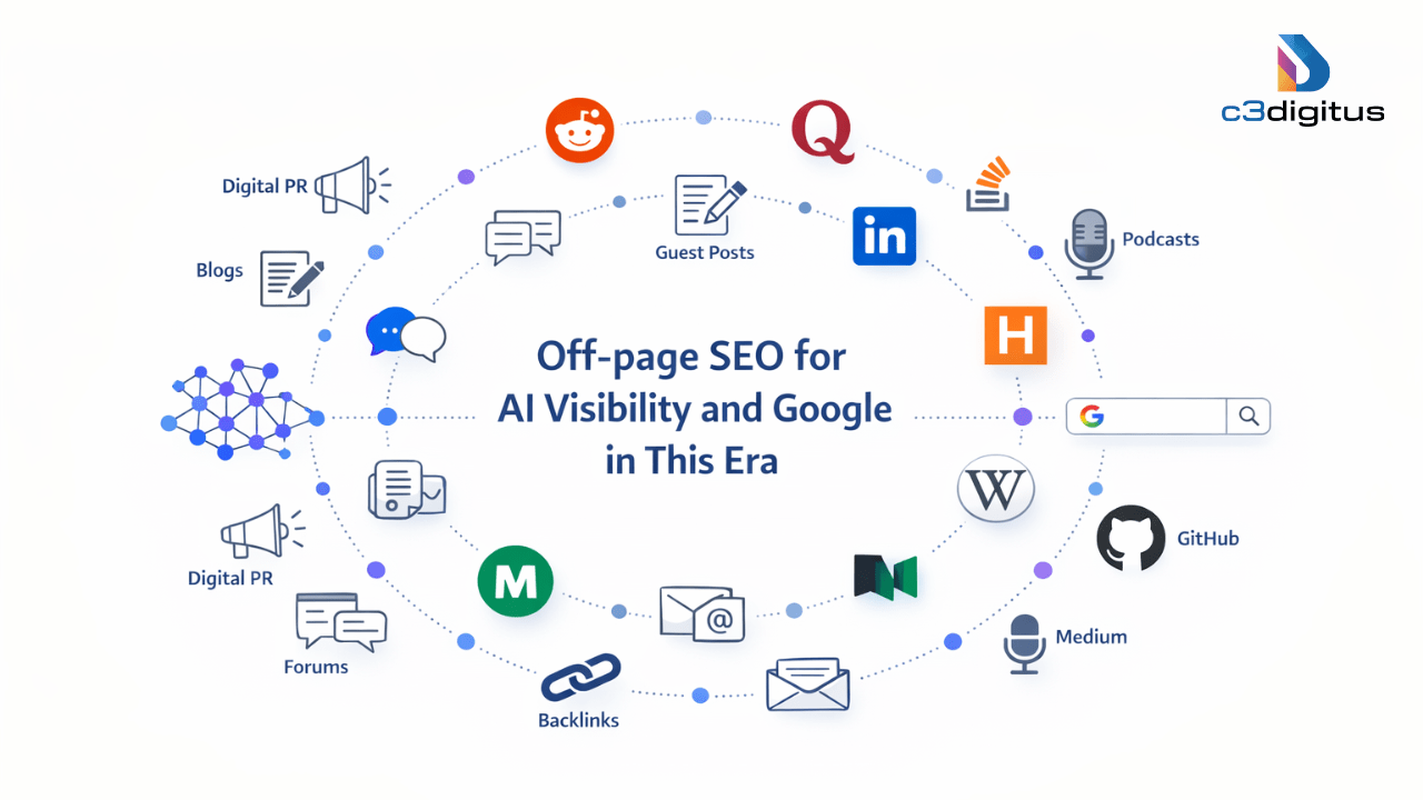 Off page SEO ecosystem showing Reddit, Quora, LinkedIn, Medium, GitHub, forums, guest posts, digital PR, and backlinks contributing to AI visibility and Google search rankings.