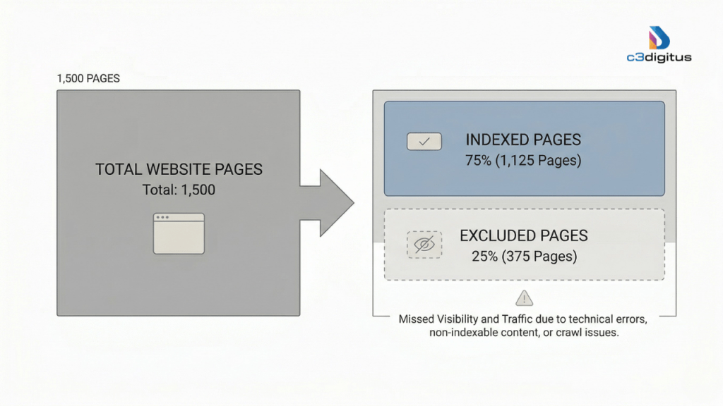 Google Search Console indexing diagram showing total pages versus indexed and excluded pages highlighting lost traffic opportunity