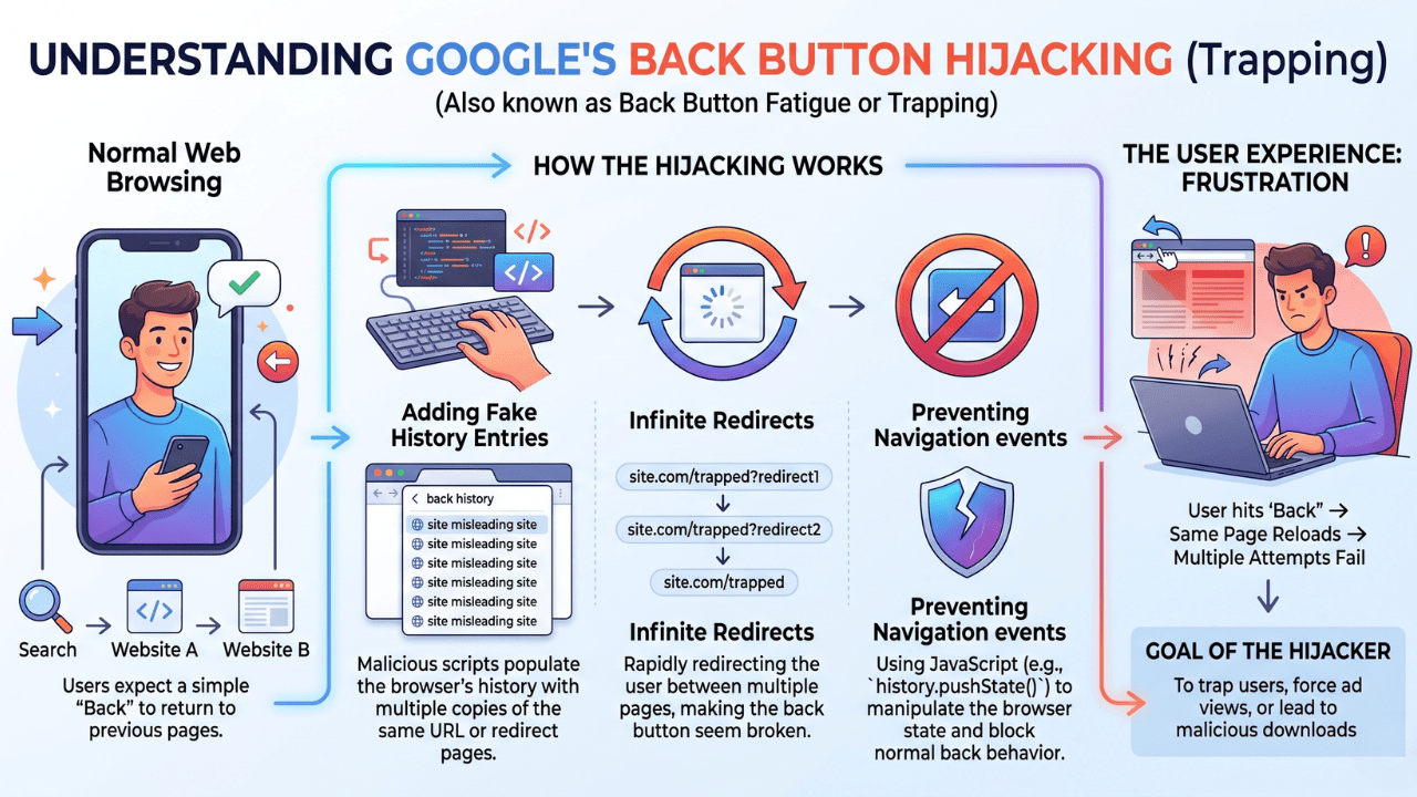 A professional, pastel-toned infographic explaining "Google's Back Button Hijacking" (also known as Trapping).