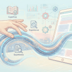 A conceptual pastel illustration of a human hand guiding a glowing stream of digital data and text into a tablet, featuring icons for Expertise, Experience, Authority, and Trust.