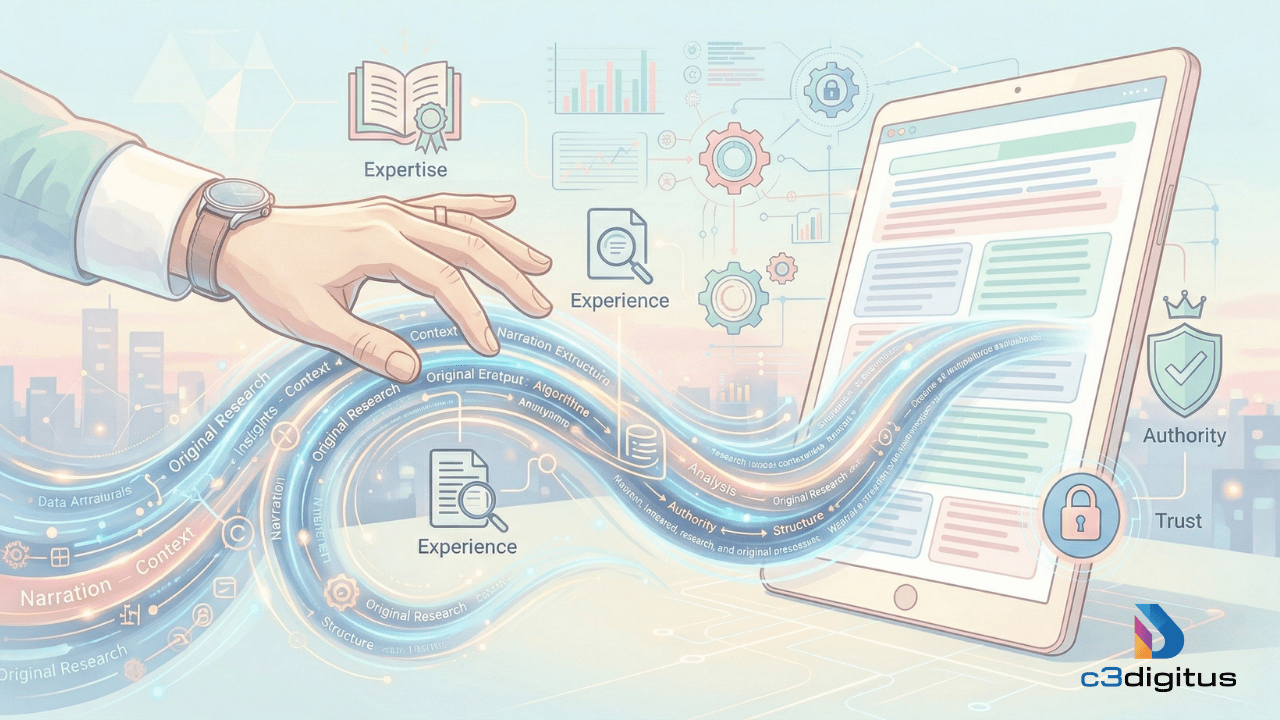 A conceptual pastel illustration of a human hand guiding a glowing stream of digital data and text into a tablet, featuring icons for Expertise, Experience, Authority, and Trust.
