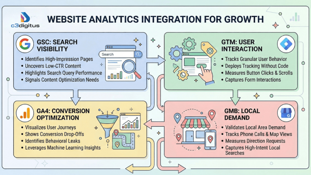 Website analytics integration showing GA4 GTM GSC and Google Business Profile working together for growth