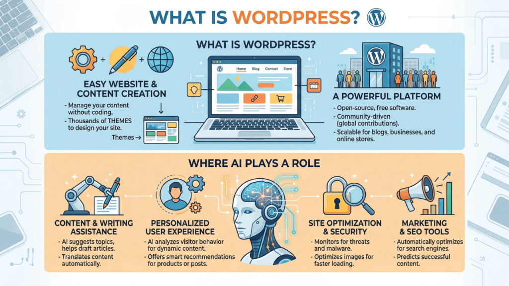 WordPress 7.0 & WordCamp Asia 2026: Everything That Mattered (And What It Means for Your Site) 4 Image shows what WordPress is and what AI's role is in it.