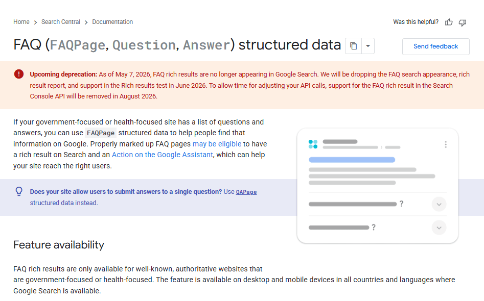 Google documentation announcing the deprecation of FAQ structured data, showing a warning banner and a sample rich result graphic. 