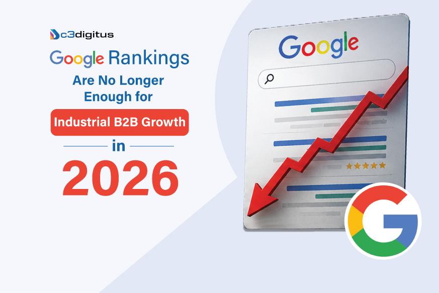 An industrial B2B marketing banner stating that Google rankings are no longer enough for growth in 2026, featuring a declining trend arrow over a search engine interface.