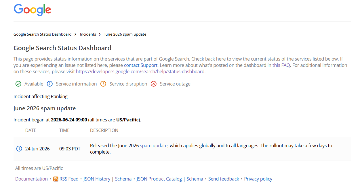 Webshot from the official Google search status dashboard about the Google spam update in June 2026