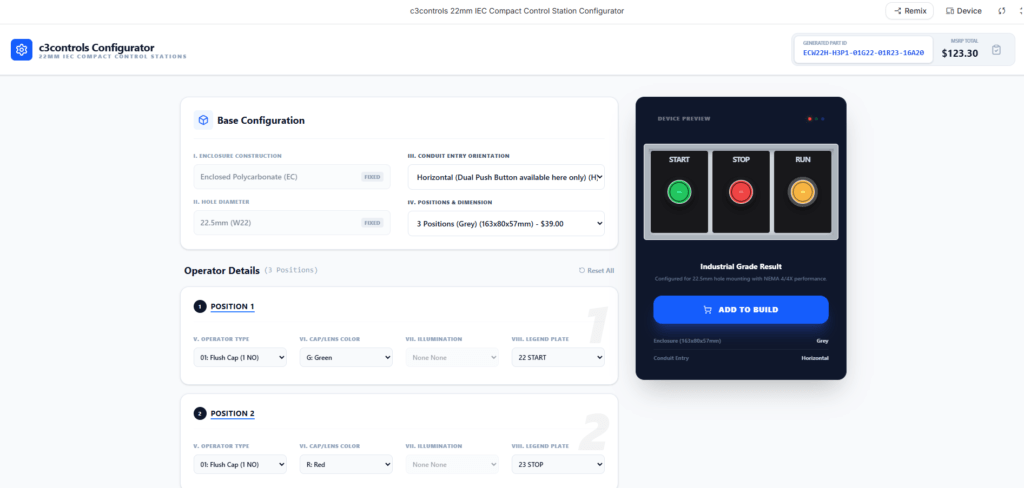 The working prototype of the c3controls 22mm IEC Compact Control Station Configurator built by Ted. It features user-selected base configurations, an interactive visual preview of the physical station (Start, Stop, Run buttons), and real-time generation of part IDs and MSRP pricing.