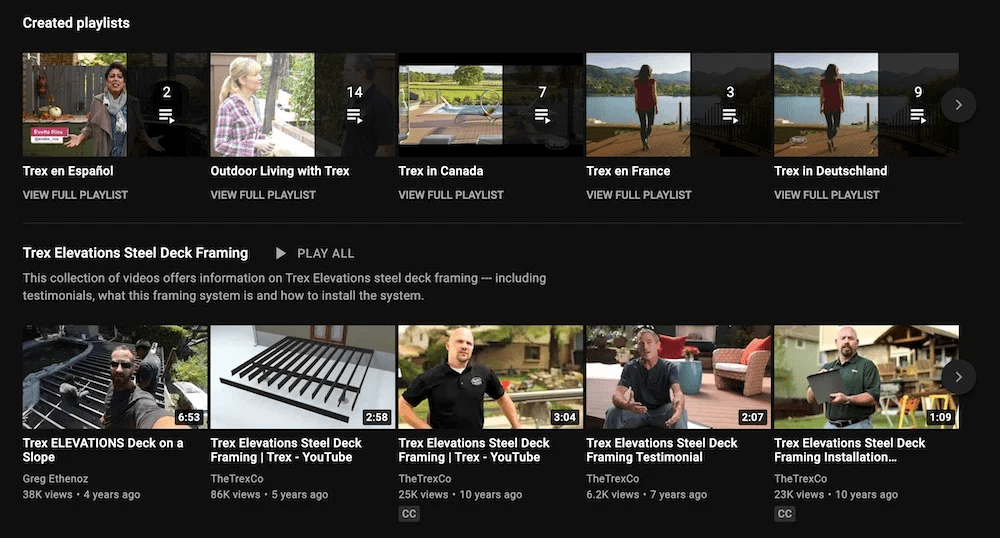 Screenshot of YouTube playlists and video section for Trex, showcasing instructional playlists and videos on steel deck framing installation. 