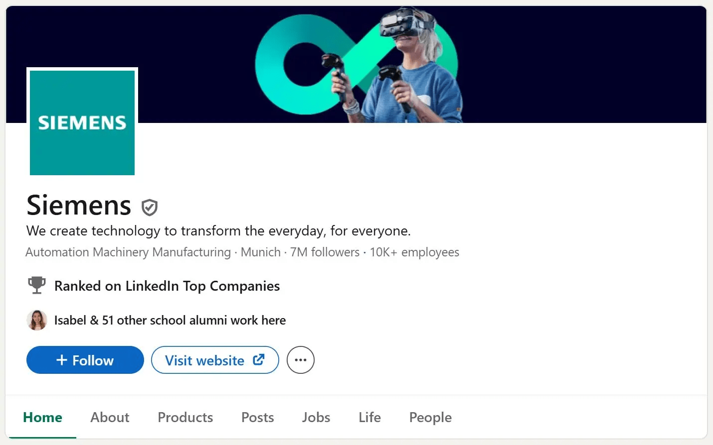Screenshot of the Siemens company page on LinkedIn featuring their logo, cover photo of a person wearing a VR headset, follower count, and bio reading "We create technology to transform the everyday, for everyone." 