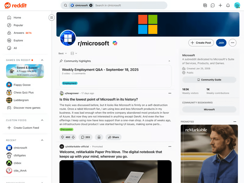 Screenshot of the Microsoft subreddit page (r/microsoft) on Reddit, showing community discussions, member count, and sponsored posts. 