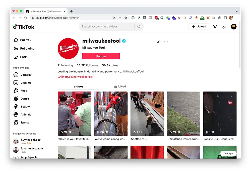 Screenshot of the official Milwaukee Tool TikTok profile page displaying their video feed, follower count, and bio. 