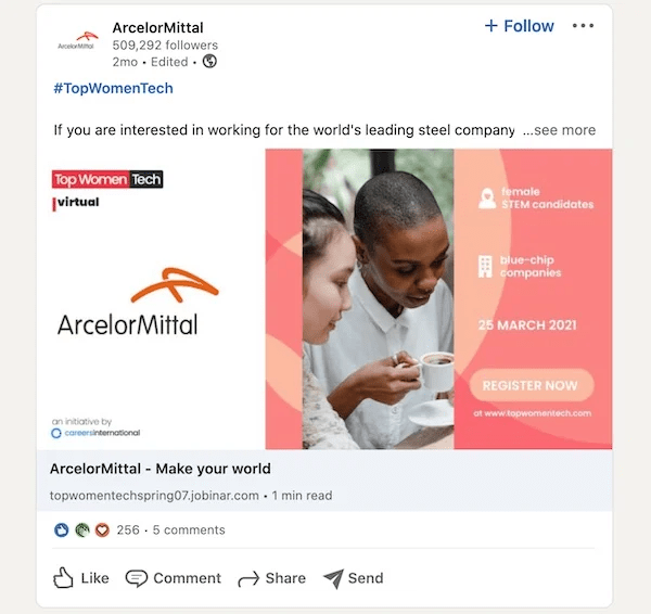 Screenshot of a LinkedIn job campaign post by ArcelorMittal for a "Top Women Tech" virtual event alongside a Search with Sales Navigator interface showing filtering options like past company search for General Motors.