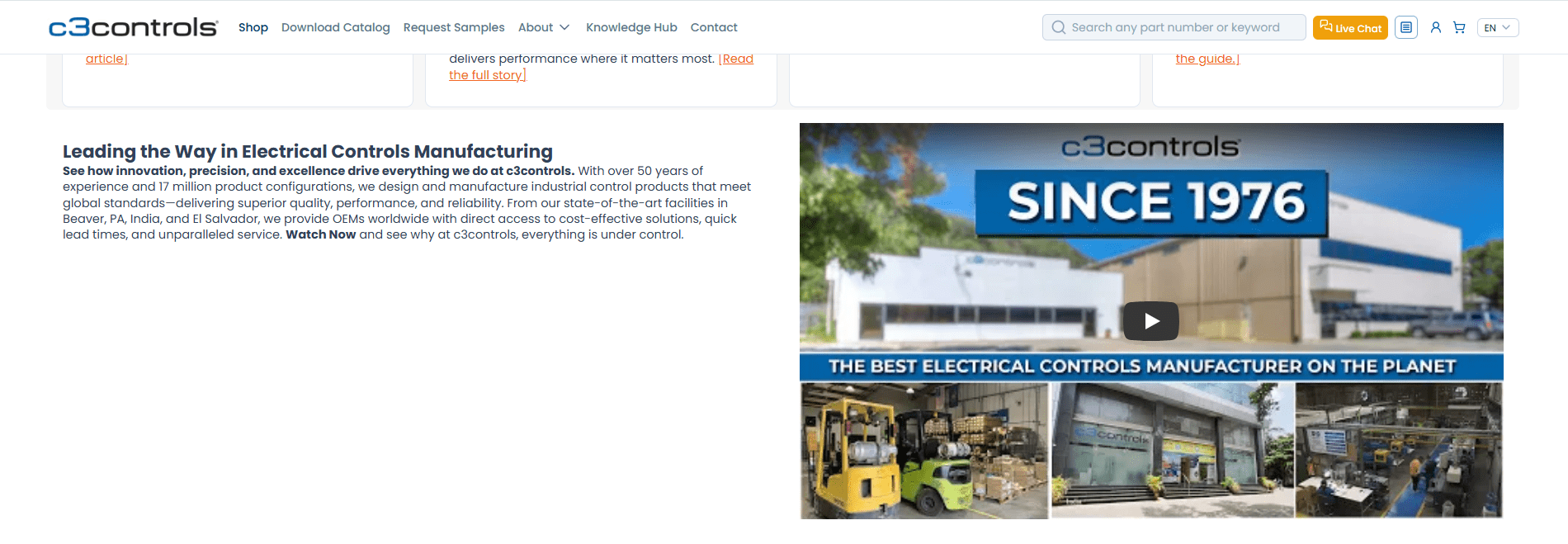 Screenshot of the c3controls homepage embedding a YouTube video titled "The Best Electrical Controls Manufacturer on the Planet" next to photos of their global facilities and manufacturing floors 