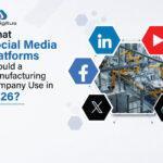Banner graphic for an article titled "What Social Media Platforms Should a Manufacturing Company Use in 2026?" featuring icons for LinkedIn, YouTube, Instagram, TikTok, X, and Facebook around an image of robotic arms on an automated factory assembly line.