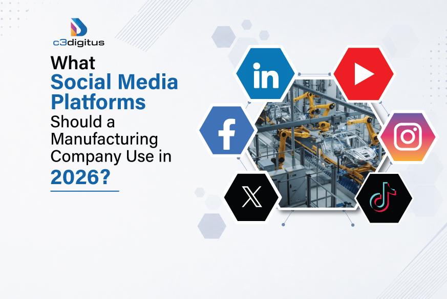Banner graphic for an article titled "What Social Media Platforms Should a Manufacturing Company Use in 2026?" featuring icons for LinkedIn, YouTube, Instagram, TikTok, X, and Facebook around an image of robotic arms on an automated factory assembly line.